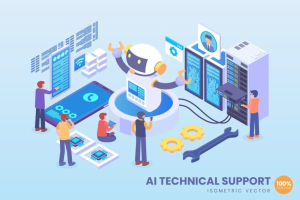 人工智能技术支持主题等距矢量概念插画精选 Isometric Artificial Intelligence Tech Support