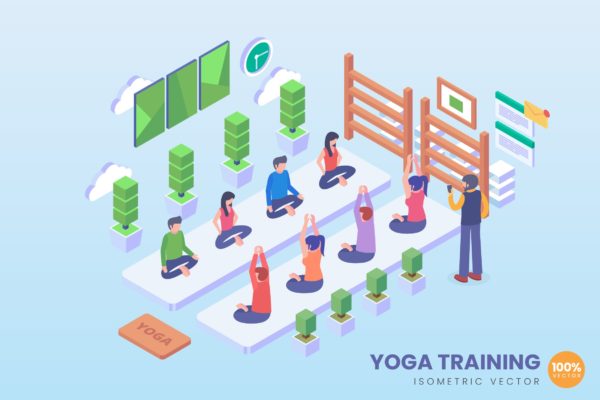 瑜伽培训场景等距矢量概念插画精选 Isometric Yoga Training Vector Concept