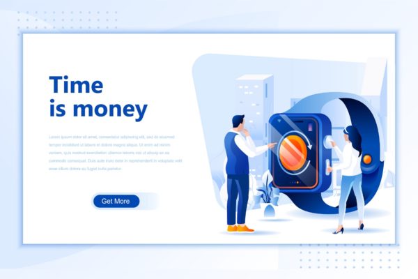 时间就是金钱主题网站设计矢量插画设计精选素材 Time Is Money Flat Landing Page Header