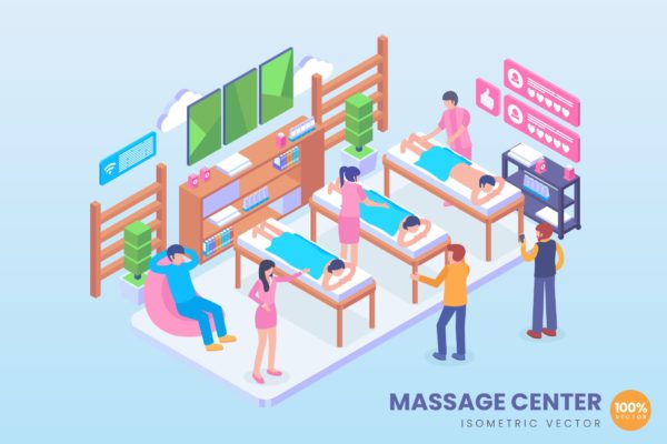 按摩休闲会所场景等距矢量概念插画精选 Isometric Massage Center Vector Concept