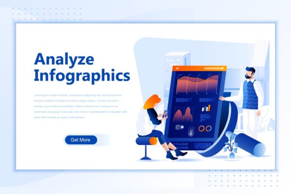 数据统计分析场景网站设计矢量插画设计精选素材 Analyze Infographic Flat Landing Page Header