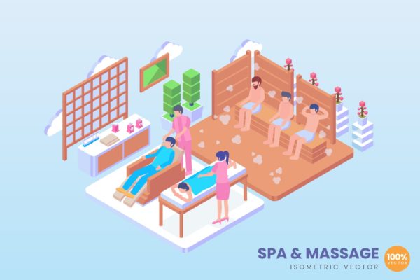 SPA按摩会所场景等距概念矢量插画设计精选 Isometric Spa And Massage Vector Concept