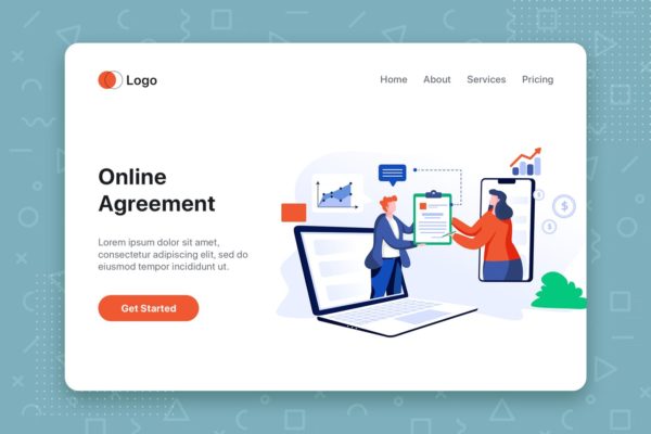在线协议签订网站首页设计矢量插画设计精选素材 Online Agreement flat concept for Landing page