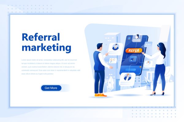 推荐营销主题网站页面设计矢量插画设计精选素材 Referral Marketing Flat Landing Page Header