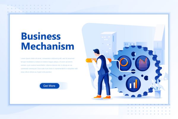 业务机制主题网站设计矢量插画设计精选素材 Business Mechanism Flat Landing Page Header