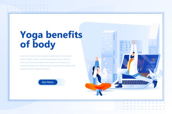 瑜伽训练场景网站设计矢量插画设计精选素材 Yoga Benefits Flat Landing Page Header