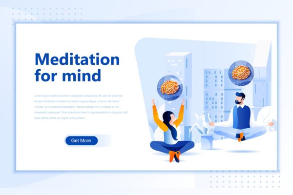 冥想训练场景网站设计矢量插画设计精选素材 Meditation Mind Flat Landing Page Header