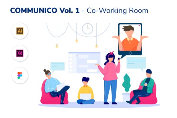 社交场景v2-联合办公矢量插画设计精选设计模板精选素材 COMMUNICO VOL. 2 – Co-Working Room