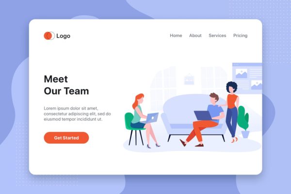 团队介绍网站首页设计概念插画精选 Meet our team flat web template for Landing page