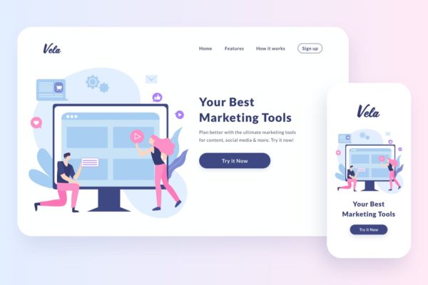 市场营销工具主题响应式网站设计矢量插画设计精选素材 Marketing Tools Illustration