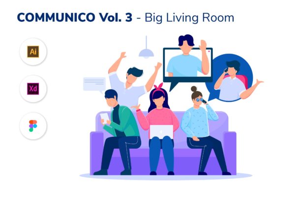 社交场景v3-大客厅矢量插画设计精选设计模板精选素材 COMMUNICO VOL. 3 – Big Living Room