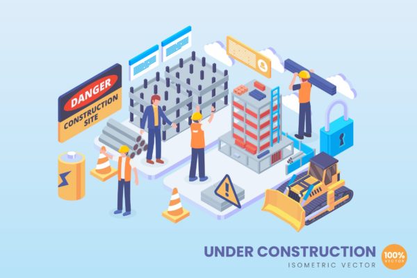 施工场地场景等距概念矢量插画设计精选素材v2 Isometric Under Construction Site Vector Concept