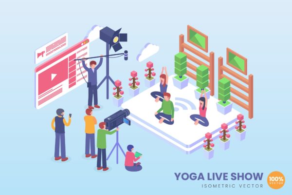 瑜伽现场表演场景等距矢量概念插画精选 Isometric Yoga Live Show Vector Concept