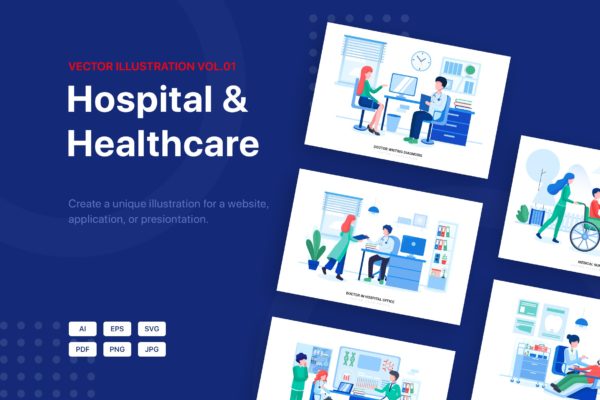 医院&医疗场景矢量插画设计精选素材包v1 Hospital & Healthcare Vector Scenes (Vol 01)
