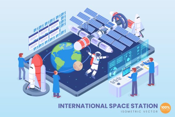 国际空间站等距矢量概念插画精选素材 Isometric International Space Station Vector