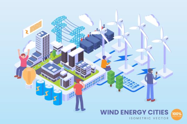 风力发电技术等距矢量概念插画精选素材 Isometric Wind Energy Cities Technology Vector