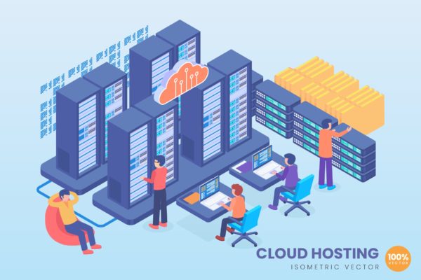 云服务器技术等距矢量概念插画精选素材 Isometric Cloud Hosting Technology Vector Concept