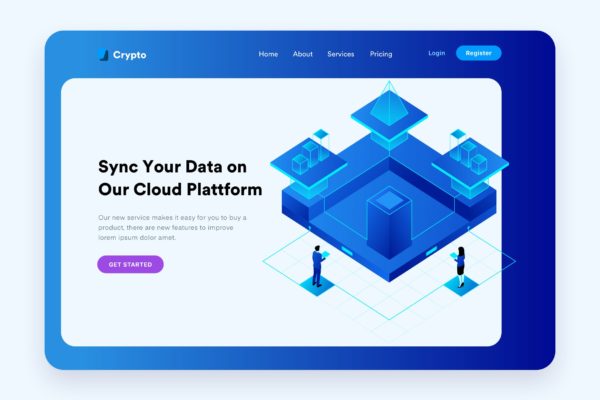 云同步概念主题网站设计矢量插画设计精选 Cloud Sync Desktop Header Illustration