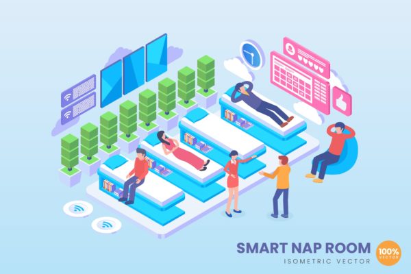 智能VIP休息室2.5D等距概念插画精选矢量素材 Isometric Smart Nap Room Vector Concept