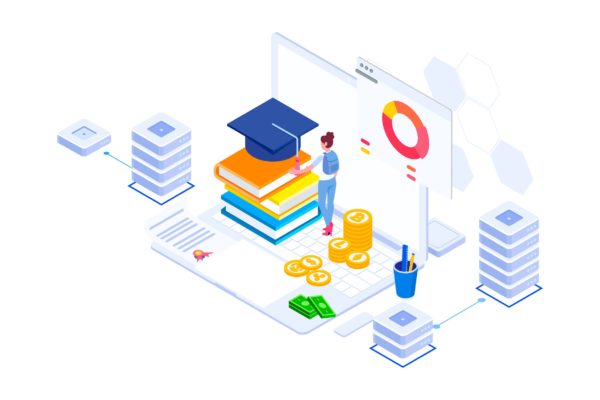 教育基金区块链平台矢量等距概念插画精选 Education Fund Blockchain Platform Isometric – FV