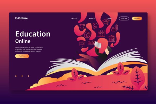 在线教育网站Header矢量插画设计精选设计模板精选素材 Education Online – Web Header & Vector Template