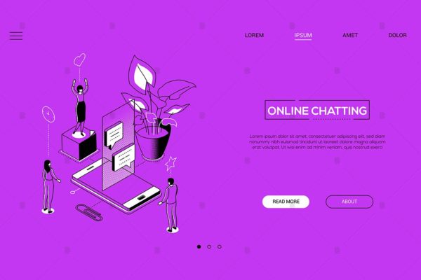 在线聊天线条艺术风格等距概念Banner设计模板 Online chatting – linear isometric web banner