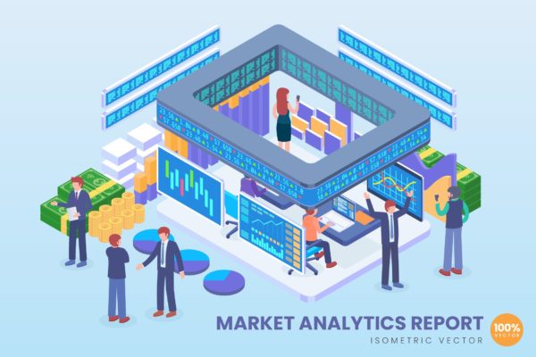 市场分析报告等距矢量概念插画精选 Isometric Market Analytics Report Vector Concept