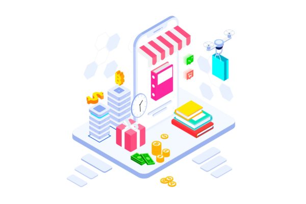 区块链技术电子商务平台概念插画精选 E-commerce on Blockchain Platform Isometric – FV