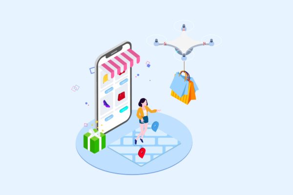 无人机快递派送场景等距概念插画精选v1 Drones Delivery Isometric Illustration – T2