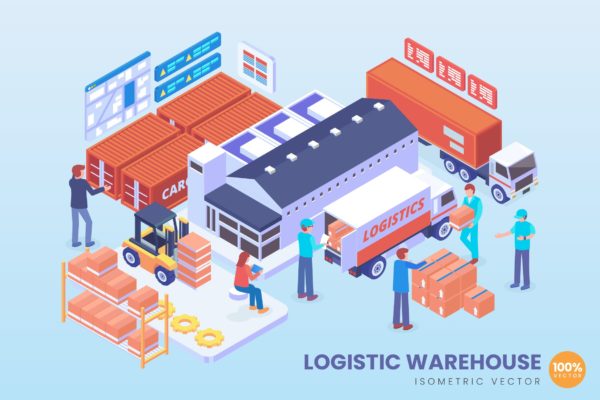 物流仓库系统等距矢量概念插画精选素材 Isometric Logistic Warehouse System Vector Concept