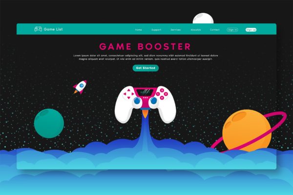 游戏加速器软件网站矢量插画设计精选模板 Game Booster – Web Header & Vector Template GR