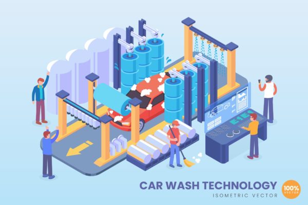 自动化洗车技术等距矢量概念插画精选素材 Isometric Car Wash Technology Vector Concept