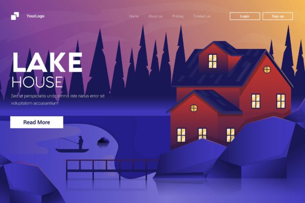 湖边别墅日落美景扁平设计风格矢量插画设计精选素材 Flat Modern design Illustration of Mountain House