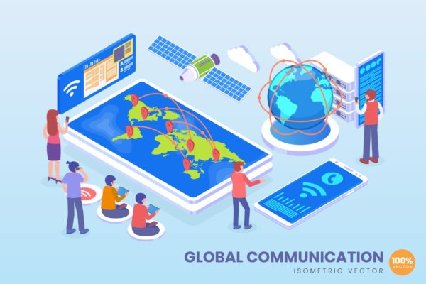 全球互联通讯技术主题等距矢量概念插画精选素材 Isometric Global Communication Vector Concept