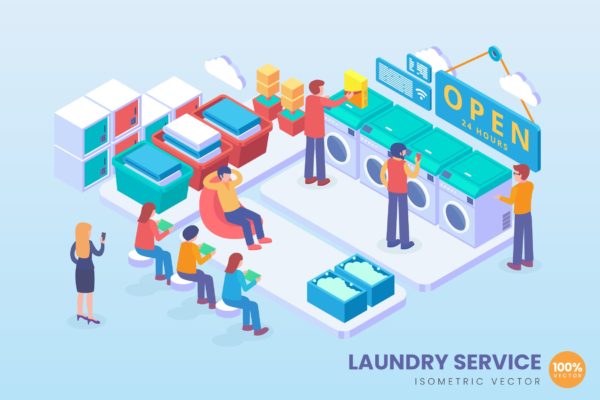洗衣自助服务主题等距矢量概念插画精选素材 Isometric Laundry Service Vector Concept