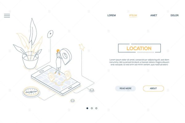 办公室地理位置线性网站设计等距矢量插画设计精选 Office location – line design isometric web banner