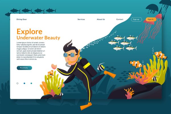 海底探索场景网站设计概念插画精选设计素材 Explore Underwater – Web Header & Vector GR