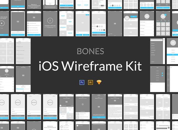 iOS 应用设计线框图精选素材包 Bones IOS Wireframe Kit [PS,AI,Sketch]