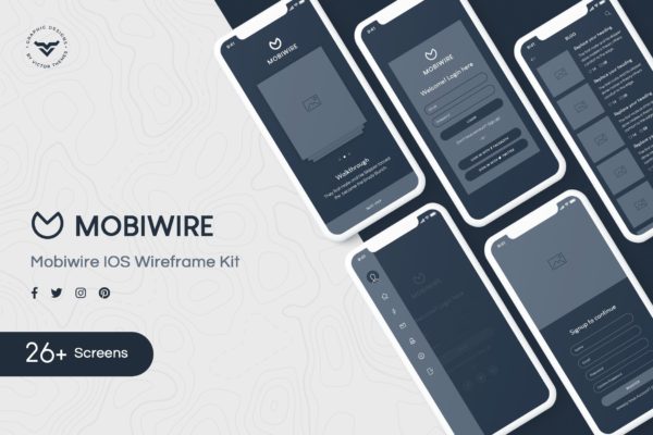 26+移动APP应用UI/UX屏幕界面设计线框图精选设计套件 MobiWire Mobile Wireframe Kit