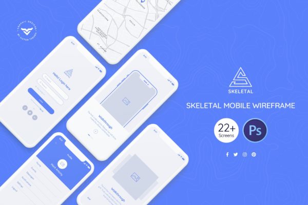 22个移动APP应用线框图精选设计PSD模板 Skeletal Mobile Wireframe Kit