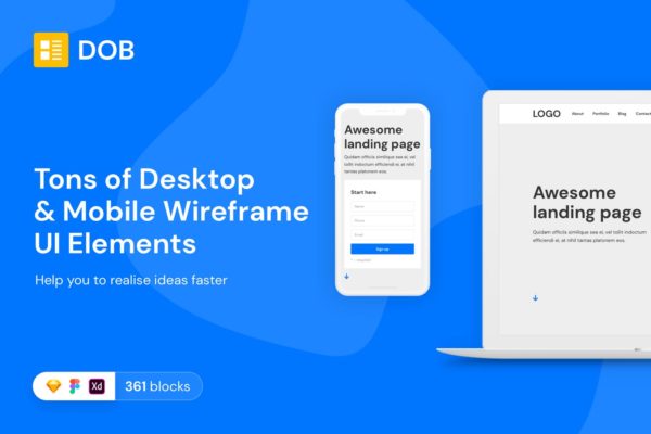300+APP&Web区块UI线框图精选设计模板 Desktop & Mobile Wireframe Web UI Kit