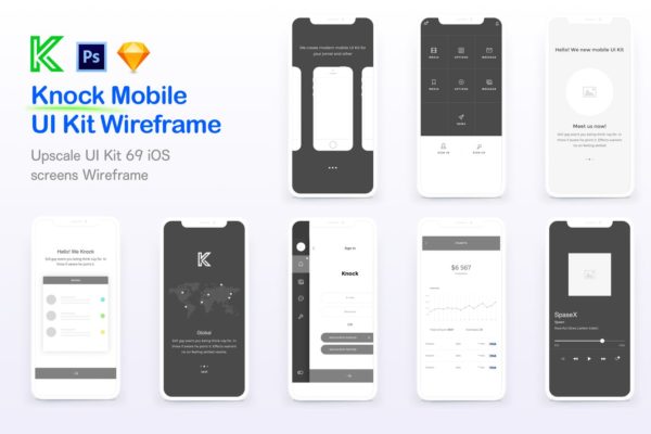 69+电商APP应用界面设计线框图精选 Knock Mobile UI Kit eCommerce Wireframe