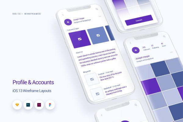 iOS13设计规范之APP应用用户中心界面UI设计线框图精选套件 Profile & Accounts – iOS 13 Wireframe Kit