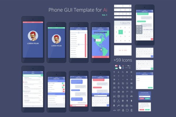 手机APP应用设计线框图精选套件v1 Phone GUI Template. Wireframe UI Kit.