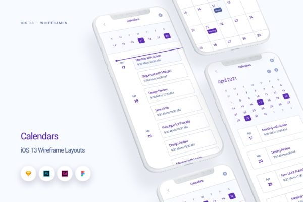 iOS13设计规范之日历APP应用UI设计线框图精选套件 Calendars – iOS 13 Wireframe Kit