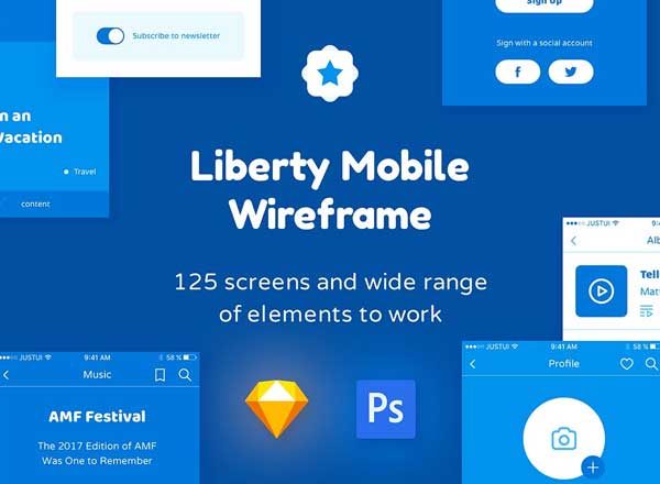 手机应用设计线框图精选套件 Liberty Mobile Wireframe Kit [ for Sketch &Photoshop]