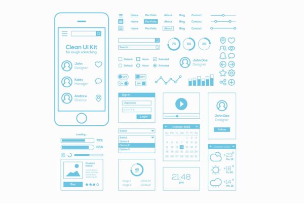 简约设计风格手机APP应用线框图精选草图设计模板 Clean UI Kit for Rough Sketching