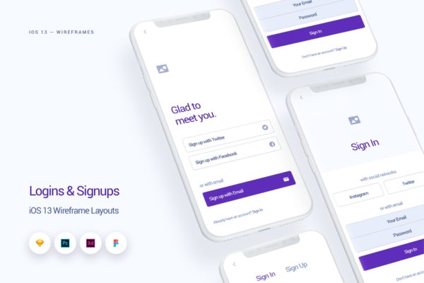 iOS13设计规范之注册登录UI界面设计线框图精选 Logins & Signups – iOS 13 Wireframe Kit