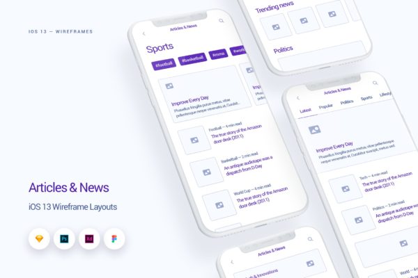 iOS13设计规范之新闻资讯UI界面设计线框图精选 News & Articles – iOS 13 Wireframe Kit