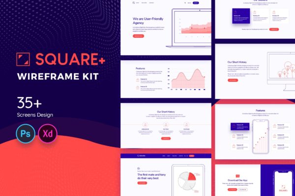 简约设计风格Web网站设计线框图精选设计套件 Square+ Web Wireframe Kit